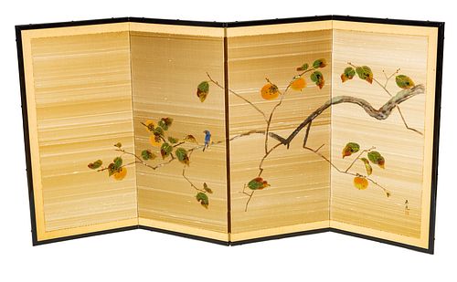 JAPANESE PAINTED FOUR PANEL SCREEN ON GOLD COLOR SILK H 31" W 66" 