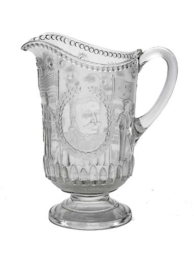 BEATTY-BRADY GLASS CO. BATTLE OF MANILA BAY COMMEMORATIVE PRESSED GLASS PITCHER, C. 1900, H 9", W 7" 