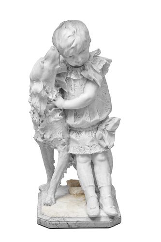 ENRICO ASTORRI (ITALIAN 1858-1919) CARVED CARRARA MARBLE SCULPTURE, LATE 19TH C., H 32", W 14.5", D 16", CHILD WITH DOG 