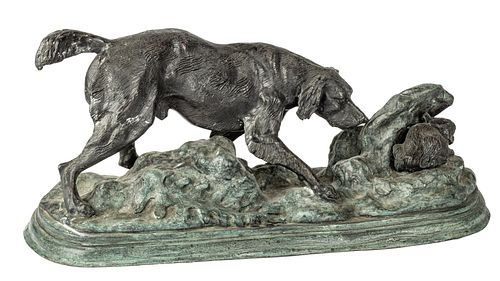 MAITLAND-SMITH PATINATED BRONZE SCULPTURE, LATE 20TH C., H 12", W 25", HUNTING DOG WITH HIDING RABBIT 
