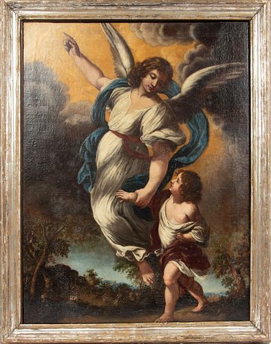 CIRCLE OF PIETRO DA CORTONA (ITALIAN, 1596–1669) OIL ON CANVAS, 17TH CENTURY H 37" W 28.25" THE ARCHANGEL RAPHAEL WHILE INDICATING THE WAY TO TOBIOLO 
