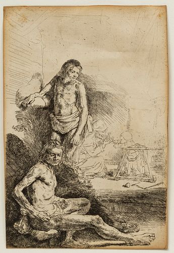 REMBRANDT HARMENSZ VAN RIJN (DUTCH, 1606–1669) ETCHING, ON WATERMARKED LAID PAPER, CIRCA 1646, H 7.5" W 5.125" MALE NUDE, SEATED AND STANDING 