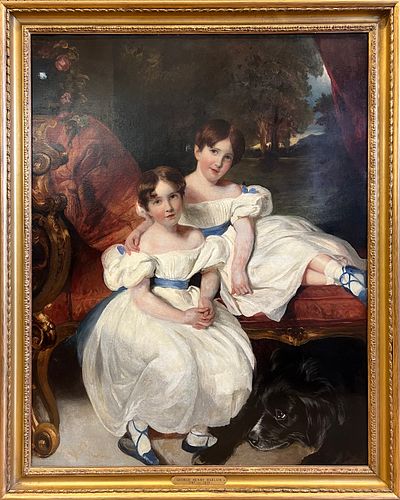ATTRIBUTED TO GEORGE HARLOW OIL ON CANVAS, H 50" W 39" PORTRAIT OF TWO YOUNG GIRLS 