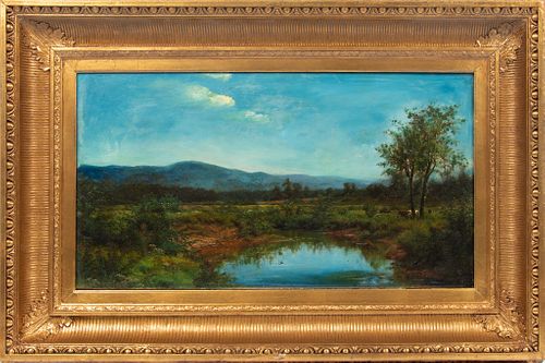 JOHN ROSS KEY (AMERICAN, 1837–1920) OIL ON CANVAS LAID ON CANVAS, H 14 18" W 26" MOUNTAIN RIVER, LANDSCAPE WITH CATTLE 