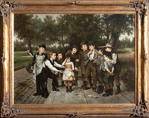 TIMOTHY STUART AFTER JOHN GEORGE BROWN, OIL ON CANVAS, 20TH C., H 36", W 48", "THE LOST CHILD" 