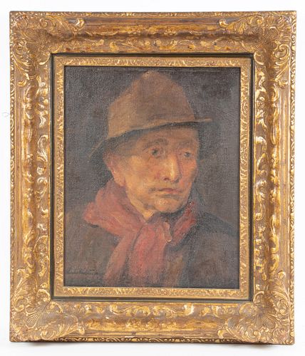 CHARLES E. WALTENSPERGER (DETROIT, 1871-1931) OIL ON CANVAS MOUNTED TO BOARD, H 15", W 12", PORTRAIT OF MAN WITH HAT 