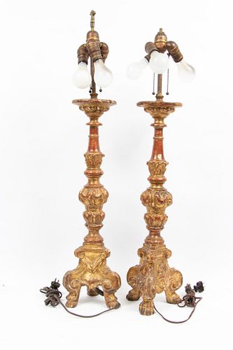 ITALIAN WOOD AND GESSO CANDLESTICK LAMPS, PAIR H 26" - 37" W 7" 