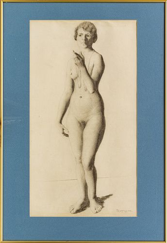 IRENE HIGGINS (20TH C) CHARCOAL ON LAID PAPER, H 24", W 13", CONTRAPPOSTO FEMALE NUDE 