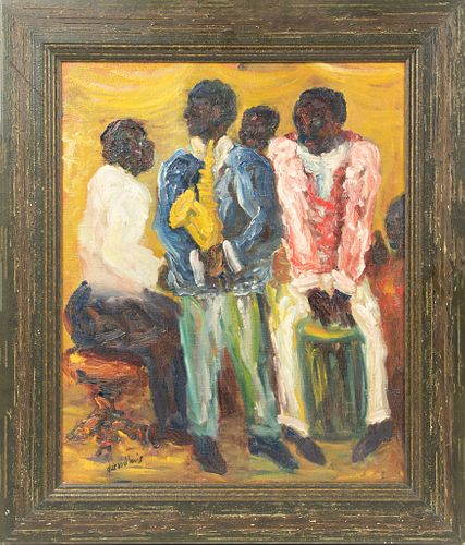DURAND LOUIS (FRENCH, B. 1902) OIL ON CANVAS, 1952 H 18.25" W 15" L'EMPRISE JAZZ NEGRE 