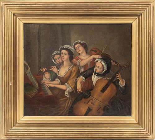 ATTR. WILLIAM HOGARTH (ENGLISH, 1697-1764) OIL ON PAPER LAID TO CANVAS, H 12.75", W 14.5", A MUSICAL PARTY 