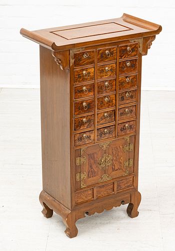CHINESE MAHOGANY AND BURLWOOD VENEER APOTHECARY CHEST, 20TH C., H 32", W 19.5", D 9.5" 