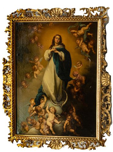 AFTER BARTOLOME MURILLO, OIL ON CANVAS, H 41.5" W 30" IMMACULATE CONCEPTION AND ANGELS 