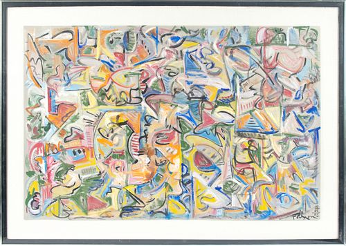 JACK FAXON (AMERICAN 1936 – 2020) GOUACHE ON PAPER, 1985, H 26", W 39", ABSTRACT IN BLUE 