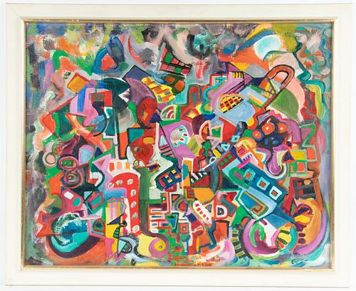 JACK FAXON (AMERICAN 1936 – 2020) ON CANVAS BOARD, 1987, H 24", W 29", ABSTRACT COMPOSITION 