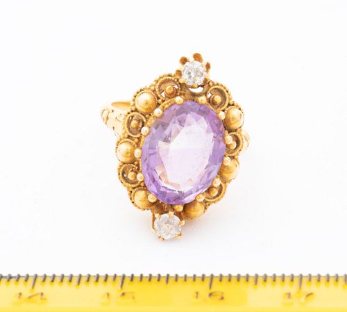 + AMETHYST AND 14 KT GOLD WITH DIAMONDS RING C 1930 SIZE 4 3/4 