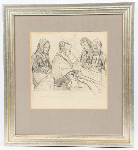 ALEXANDER OSCAR LEVY (AMERICAN, 1881-1947) GRAPHITE ON PAPER, H 11", W 11", "THE QUILTMAKERS" 