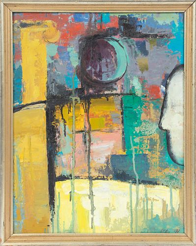 GILIS, DOUBLE-SIDED OIL ON MASONITE, 1971, H 18.5", W 14.5", UNTITLED ABSTRACT 