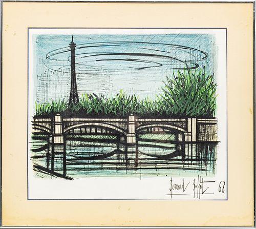 BERNARD BUFFET (FRENCH 1928-1999) LITHOGRAPH IN COLORS ON PAPER, H 16", W 20", "BRIDGE OVER SEINE" 