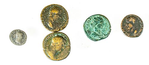 DOMITIAN, LUCILLA, TIBERIUS, AND 2 HADRIAN ROMAN COINS, 5 PCS. 