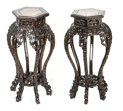 PAIR OF CARVED WOOD AND ROUGE MARBLE TOP PEDESTALS, H 31.5", DIA 16" 