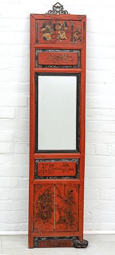 CHINESE MIRRORED AND LACQUERED PANEL, H 56", W 13.5" 