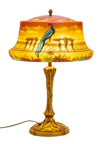 AMERICAN PAINTED BELL-FORM GLASS AND BRASS TABLE LAMP, 20TH C., H 23", DIA 16" 