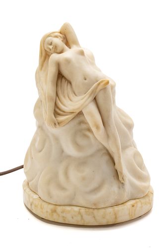 ITALIAN ALABASTER AND MARBLE  CARVED FIGURAL NUDE RECLINING ON WAVES,  NIGHT LAMP, C 1920 H 11" 