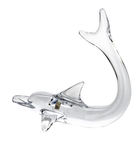 DAUM, FRENCH CRYSTAL DOLPHIN SCULPTURE, H 10" W 5" L 10" 