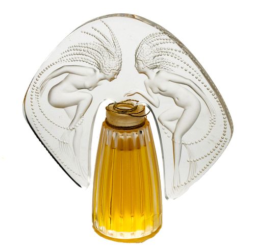 LALIQUE CRYSTAL PERFUME BOTTLE,  H 5" W 5" DANCING NUDES 
