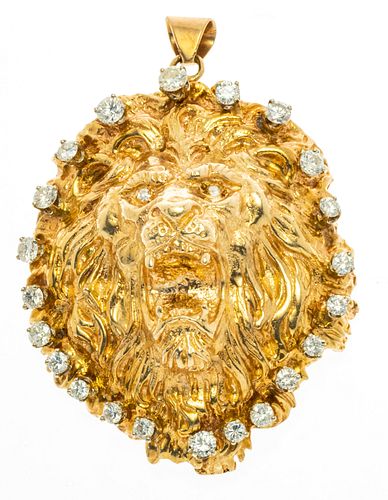 + 18 KT YELLOW GOLD & DIAMOND LION HEAD PENDANT H 2 1/4" W 2" 