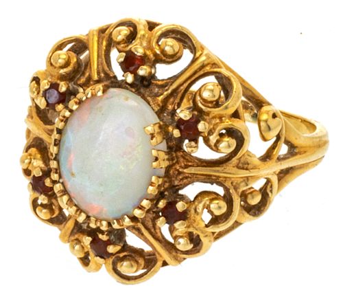 + OPAL AND 14 KT YELLOW GOLD RING, SIZE 7 1/4 