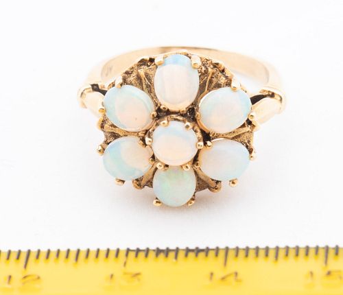 + 14KT YELLOW GOLD AND OPAL FLOWER FORM RING C 1950 SIZE 7 1/2 