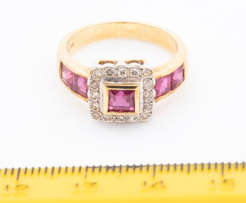 + 14KT YELLOW GOLD DIAMOND AND RUBY RING C 1960 SIZE 6 1/2 