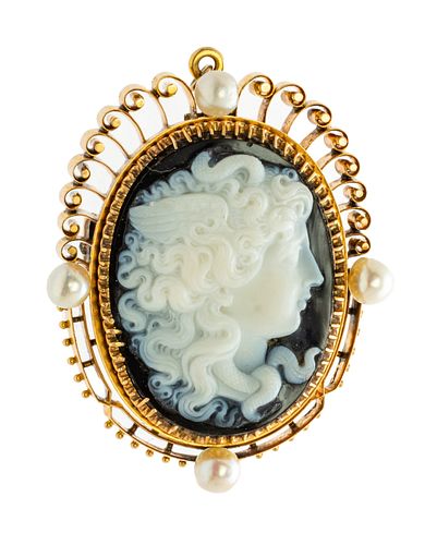 + CARVED CAMEO ON GLASS BROOCH - PENDANT 19TH.C. H 2" 