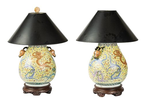 MAGNUM CHINESE VASES CONVERTED TO TABLE LAMPS PAIR, H 17", DIA 14" 