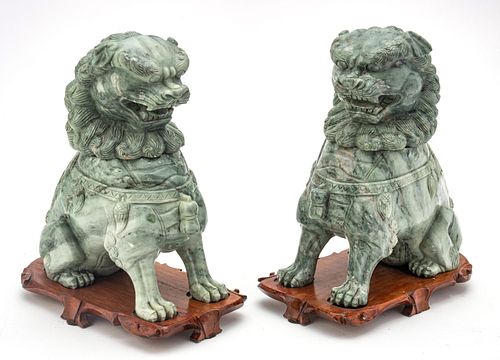 CHINESE GREEN HARDSTONE FOO DOGS, PAIR, H 11.5", L 9" 