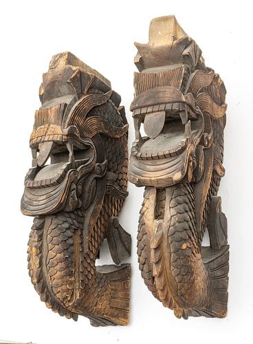 CHINESE RELIEF CARVED BRACKETS,  WATER DRAGONS,  18TH C.  PAIR H 24" W 5" D 12" 