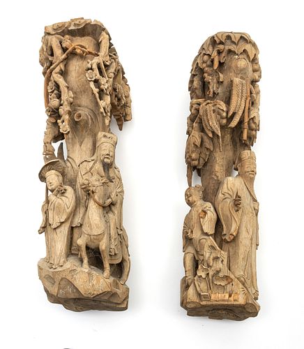CHINESE CARVED SANDALWOOD BRACKETS, ELDER AND STUDENT UNDER PEACH TREE. 18TH C.,  PAIR H 32" W 11" L 9" 