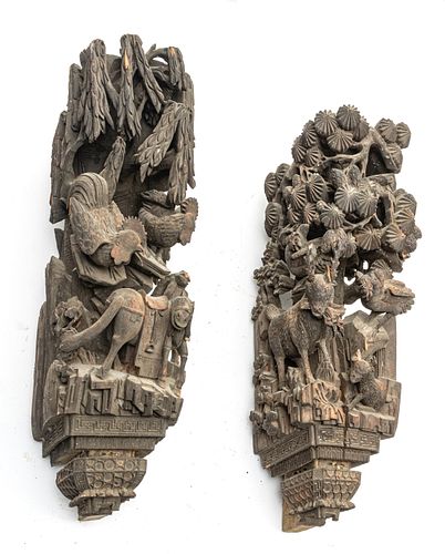 CHINESE HAND CARVED TEMPLE BRACKETS, ANIMALS FROM THE ZODIAC, EARLY 18TH C., PAIR H 30" W 9"  D 14" 