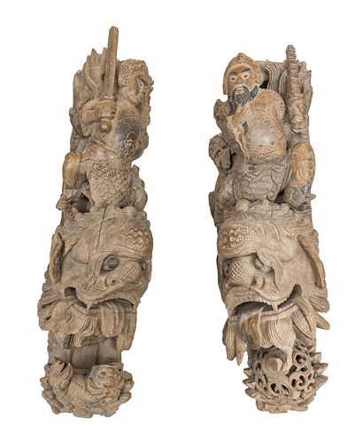 CHINESE CARVED SANDALWOOD BRACKETS, EMPEROR AND YOUNG PRINCE RIDING IMPERIAL LIONS EARLY 18TH C., PAIR H 37" W 10" D 19" 