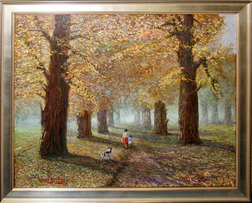 ENRIQUE RODRIGUEZ, OIL ON MASONITE, 43" X 52", MOTHER, CHILD, DOG ON A TREE LINED PATH: SPANISH 20TH