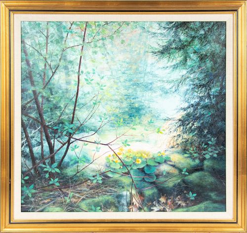 PAUL KUSMIERZ, OIL ON CANVAS C 2000 H 21" W 23" LANDSCAPE WITH WATER FALL 