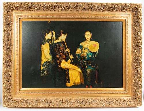 V. ROSE, OIL ON CANVAS H 23" W 35" ASIAN LADY MUSICIANS 