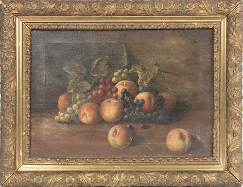 AMERICAN  OIL ON CANVAS C 1890 H 13" W 19" STILL LIFE PEACHES AND GRAPES 