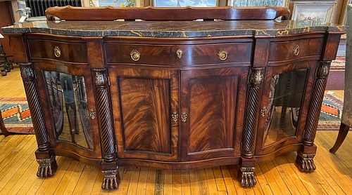 HENREDON NATCHEZ COLLECTION MARBLE TOP CARVED MAHOGANY BUFFET, 20TH C., H 39", W 76.5", L 24" 