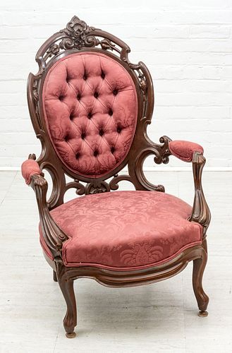 ROSEWOOD  VICTORIAN CARVED OPEN ARM CHAIR C 1850, LAMINATED ROSEWOOD BACK H 41" 