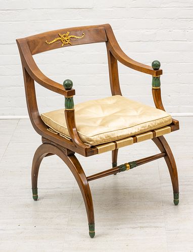 EMPIRE STYLE WALNUT OPEN ARM CHAIR H 32" W 21" 