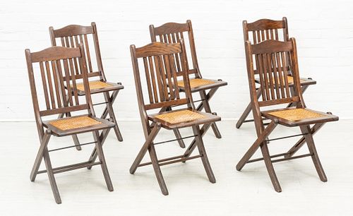 STAINED OAK & CANE FOLDING CHAIRS,  C. 1920, 6 PCS, H 33" W 16" 