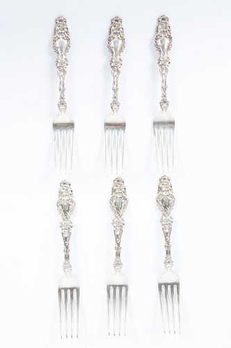 WHITING GORHAM STERLING SILVER "LILY" FORKS SET OF SIX, 9.6TR OZ L 6 3/4" 