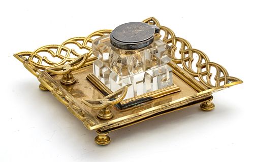 BRONZE AND CRYSTAL INKSTAND C 1950 H 3" W 7" 